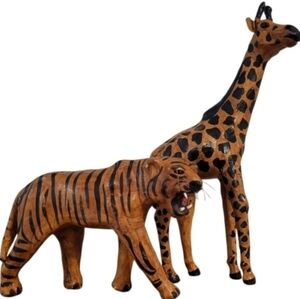 Vintage Handcrafted & Handpainted Leather Wrapped Paper Mache Tiger and Giraffe